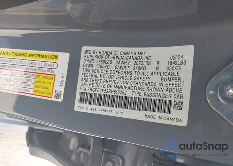 2024 Honda Civic Sport from USA, damaged, VIN 2HGFE2F52RH556282